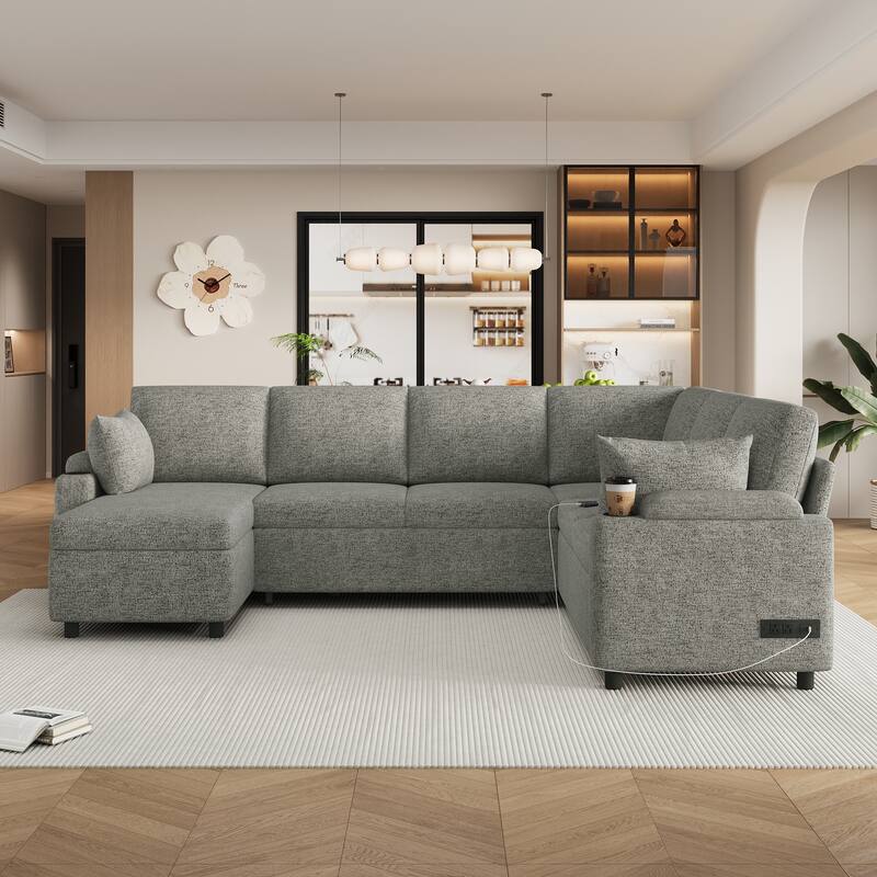 U-Shaped Sectional Sofa with Sleeper Bed, Hidden Storage & Power Ports by Harper&Bright Designs