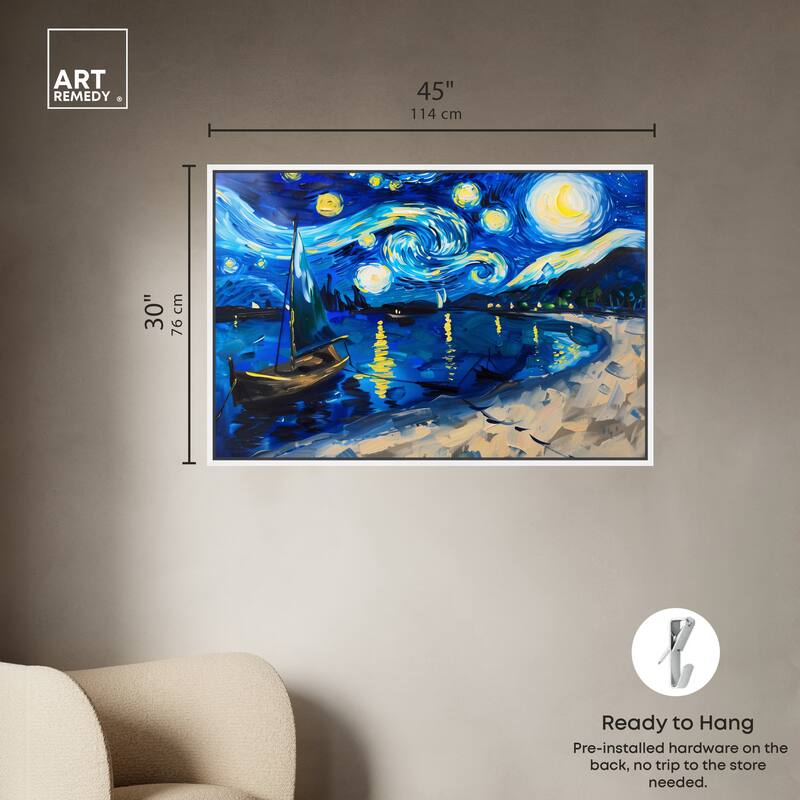 Art Remedy Whimsical Night Sail Framed Impressionism 1 Piece Canvas Wall Art /Monet And Van Gogh Inspired Art