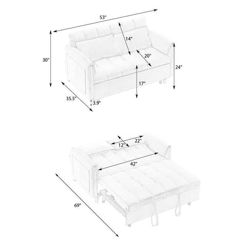 Modern Velvet Sofa, Sofa Pull-Out Bed, Small Love Seat Casual Sofa With Back, Pillow, Pockets, 3 In 1 Convertible Sleep Sofa Bed