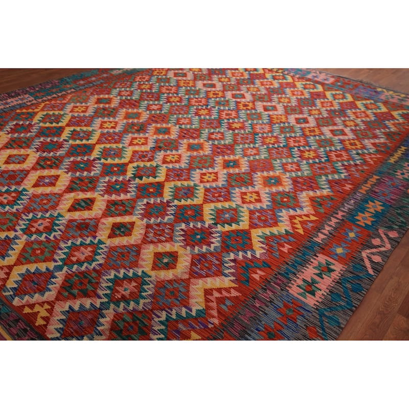 South Western Orange Kilim Oriental Area Rug Hand-Woven Wool Carpet - 10'2" x 12'11"