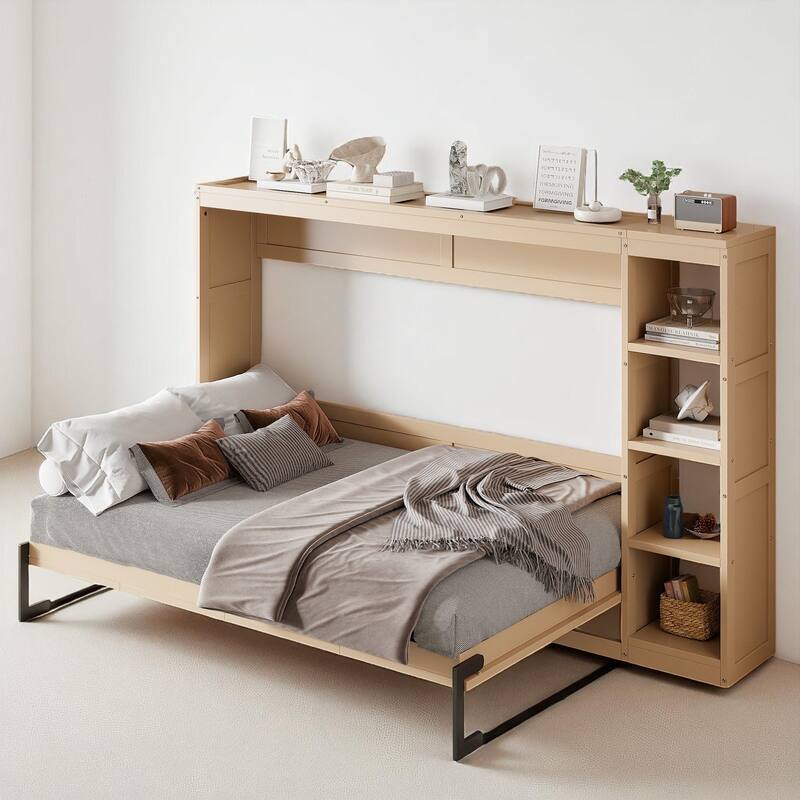 Foldable Full Murphy Bed with Side Bookshelves, Storage Rack and Slat Support, Space Saving Design