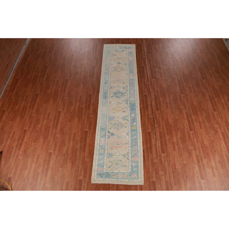 Hand Knotted Oriental 100% Wool Carpet Transitional Floral Beige & Ivories Oushak Runner Rug - 13' 2'' X 3' 2''