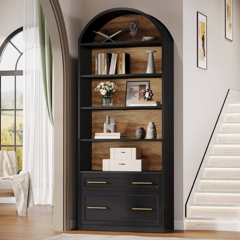 76.8" Tall Arched Bookcase, 5-Tier Modern Bookshelf with File Cabinet Drawer