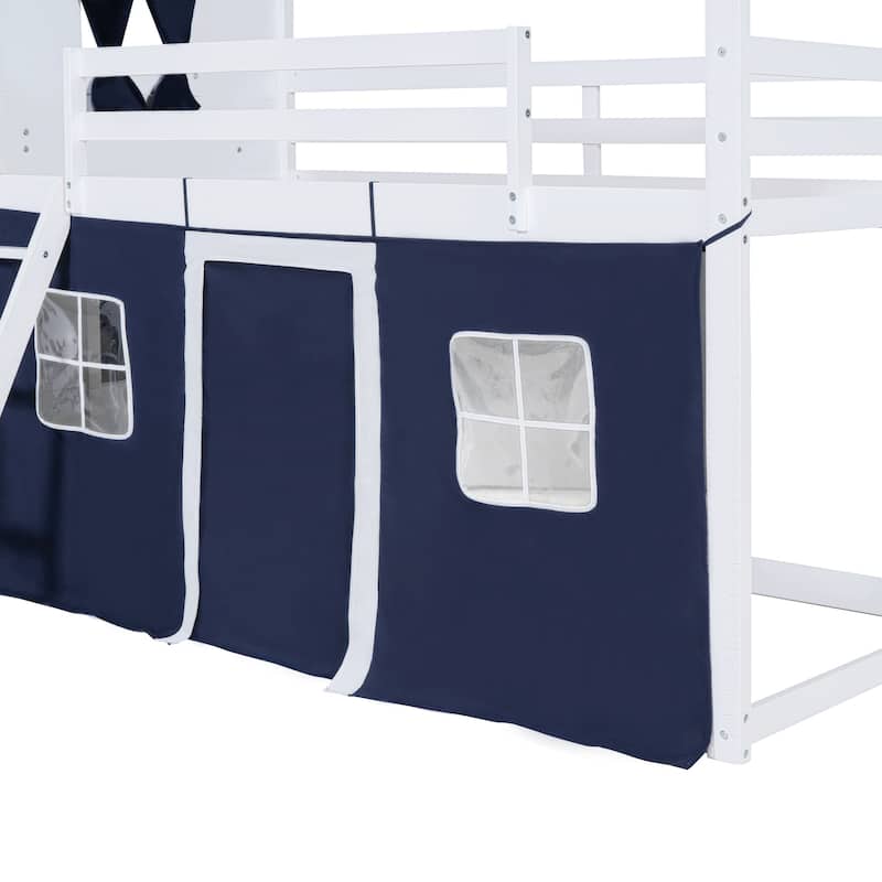 Twin/Full Size Wooden Floor Bunk Bed, Solid Pinewood House Shaped Bunk Bed Frame with Elegant Windows, Sills, Tent and Roof