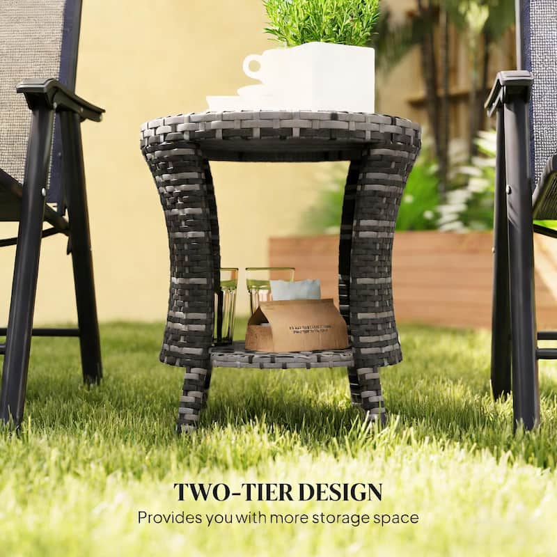 GDFStudio - Nova Outdoor Wicker Side Table with Dual-Tier Storage Design(Only table) - Outdoor Side Table