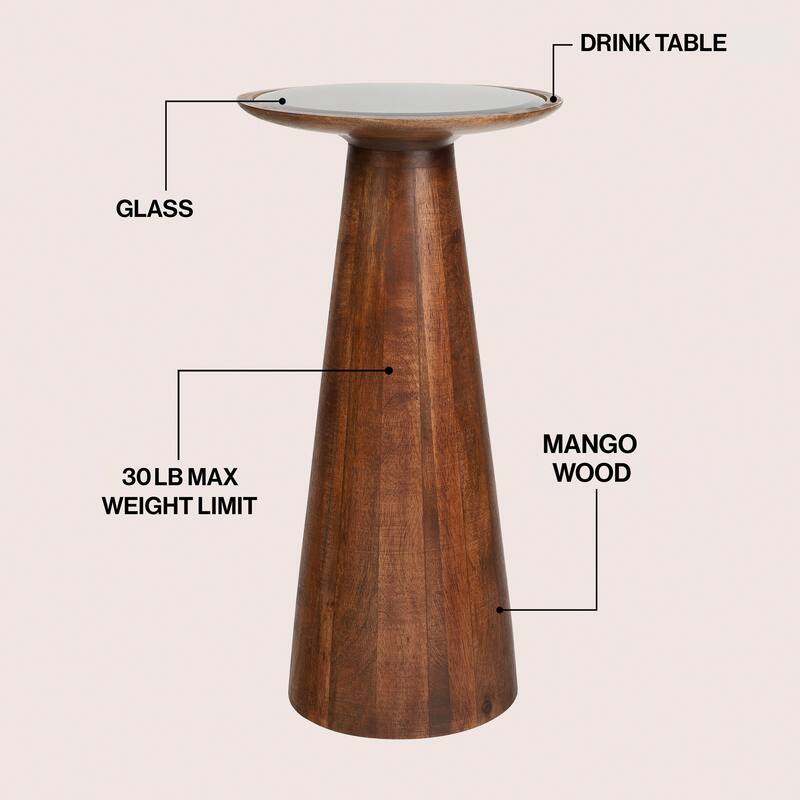 Linden 21.5" Industrial Mango Wood Drink & End Table w/ Black Glass & Cone Base, By JONATHAN Y
