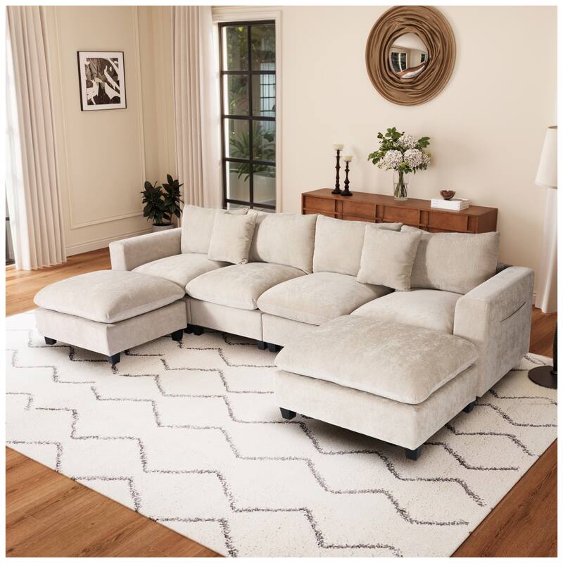 Lucca 6-Piece Chenille Upholstered Modular Sectional with USB Port