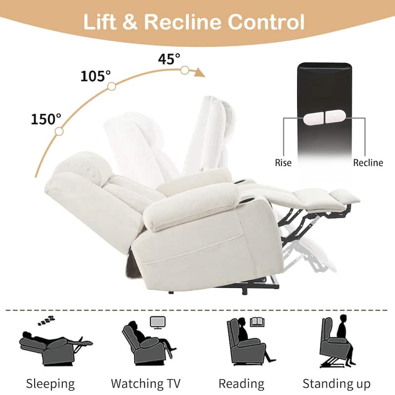 Power Lift Recliner Chair with Extended Footrest, Home Theater Lounge Sofa with Remote Control, Cup Holders & Side Pockets