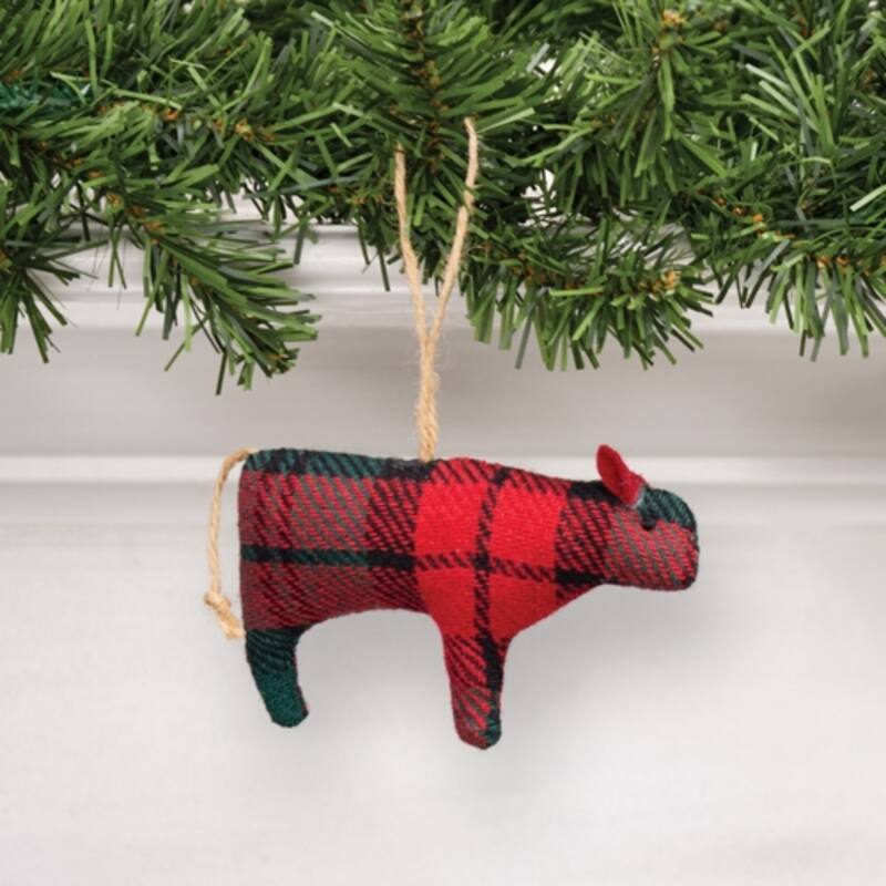 Red-Green Plaid Fabric Cow Ornament with Jute String Hanger - 4.50 x 1 x 2.50 in. - Green/Red