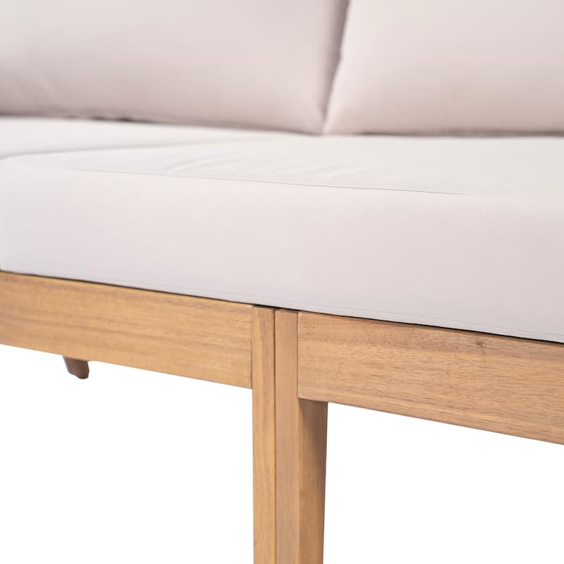 Roomfitters 3-Seater Outdoor Patio Sofa, Modern Wood Couch with Upholstered Cushions and Horizontal Rope Weave, Teak+ Beige