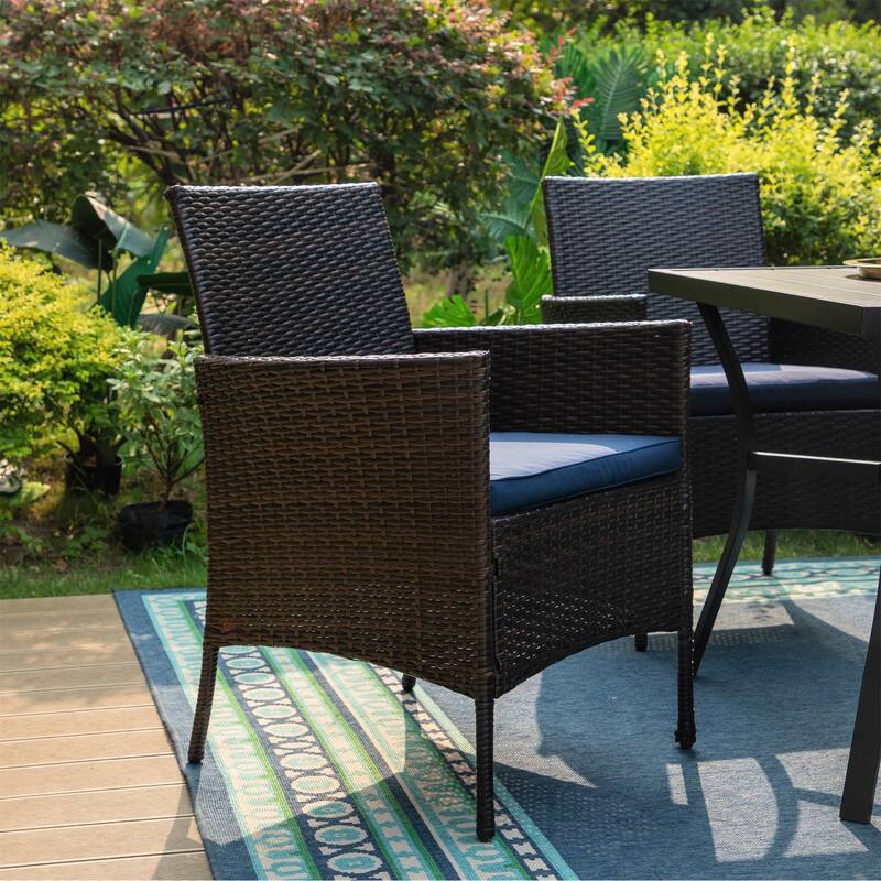 MAISON ARTS 7-Piece Patio Dining Set Printed Wood-grain Table & Rattan Dining Chairs