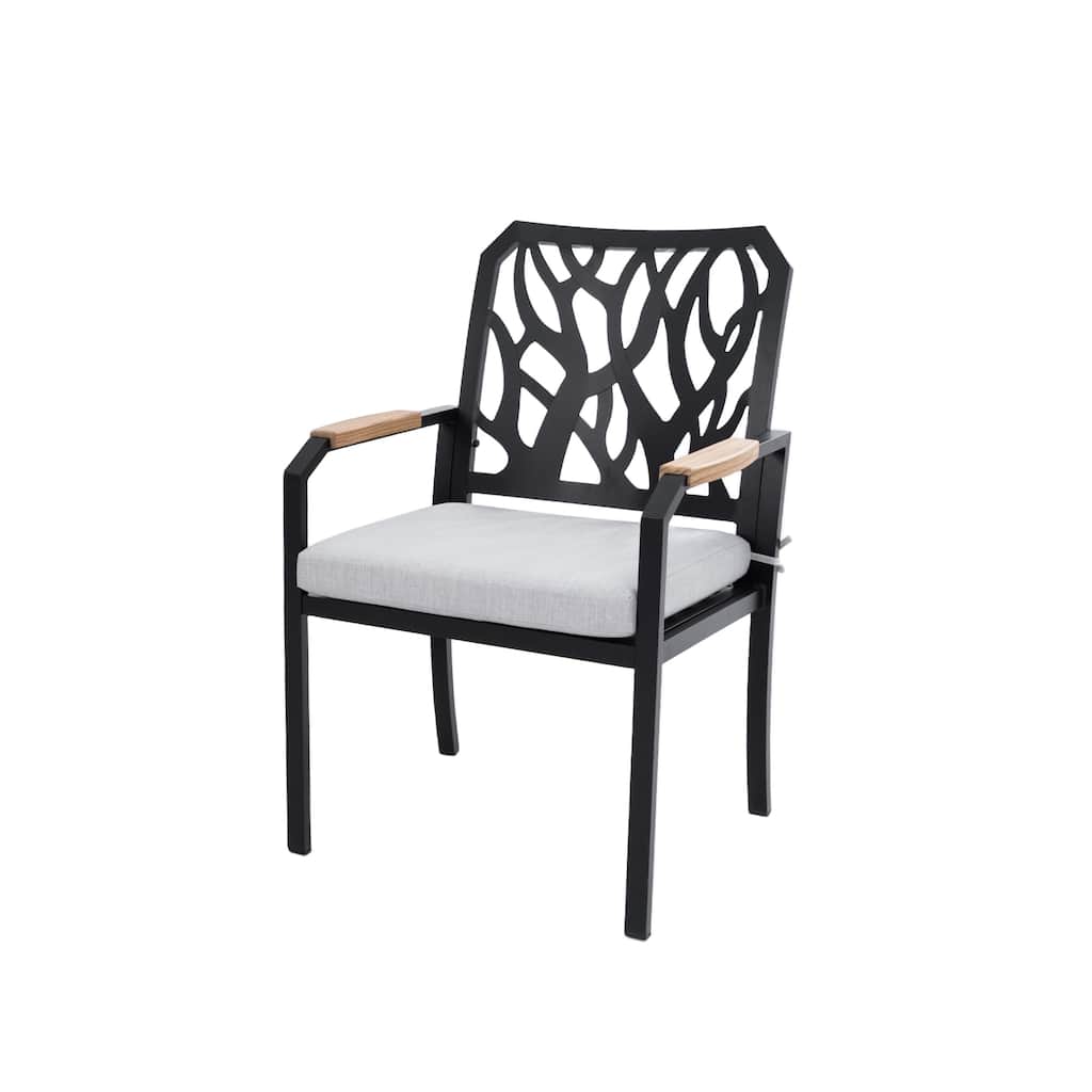 2-Piece Stationary Patio Dining Chairs - K/D Aluminum Frame, Branch Back, Wood Arms, Sunbrella Cushions, Bourbon Brown
