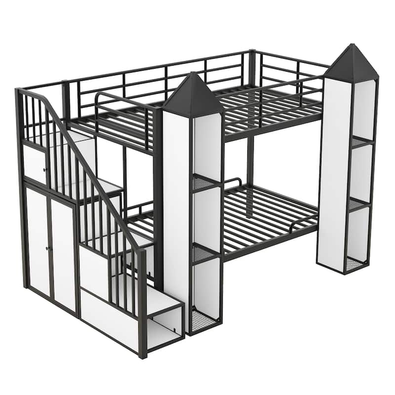MERAX Metal Twin over Twin Castle-shaped Bunk Bed with Wardrobe and Shelves