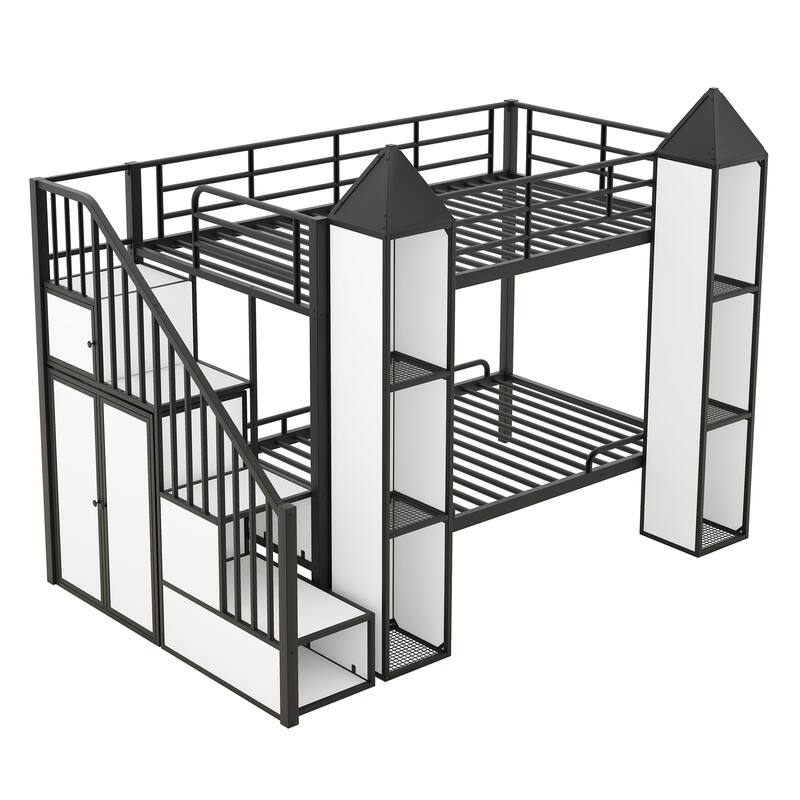 Twin Over Twin Size Bunk Bed w/Storage Shelves,Wardrobe,Metal Bedframe