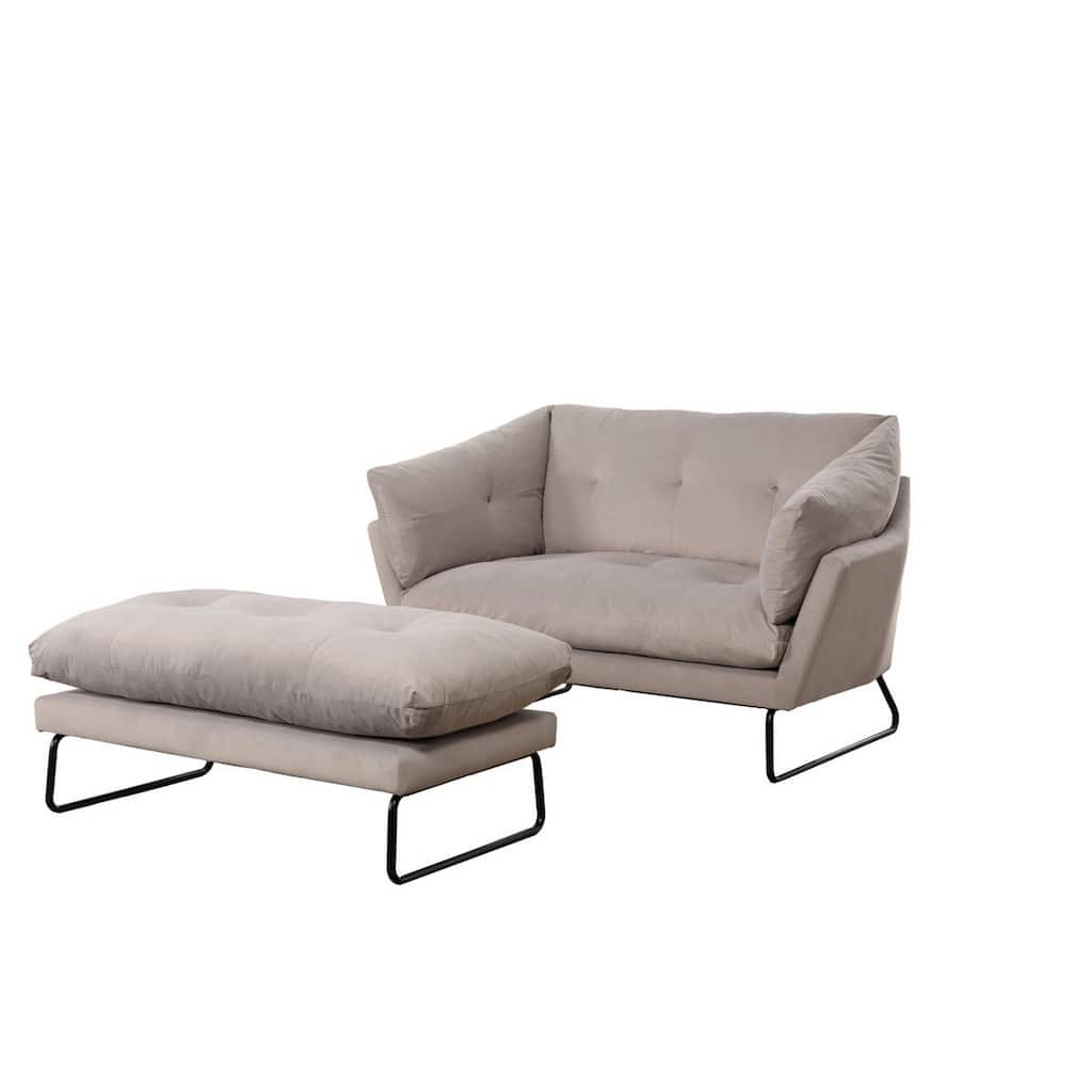 Deb Loveseat and Ottoman Set, Buttonless Tufting, Metal Legs, Gray Velvet