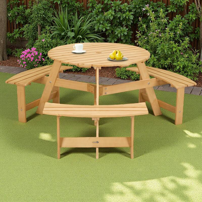6-Person Outdoor Patio Wooden Round Picnic Table with 3 Built-in Benches and Umbrella Hole - Natural