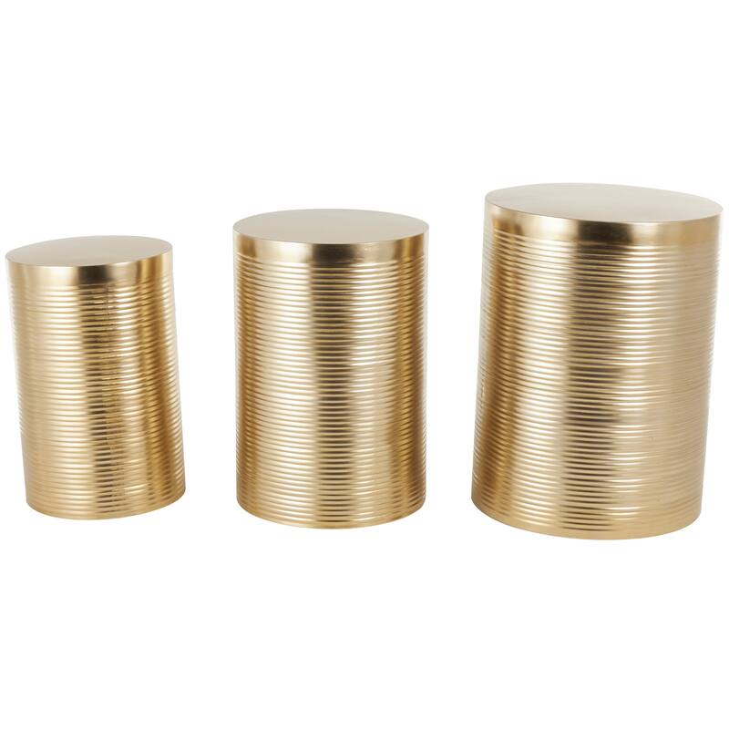 Gold or Silver Metal Metallic Ribbed Drum Accent Table (Set of 3)