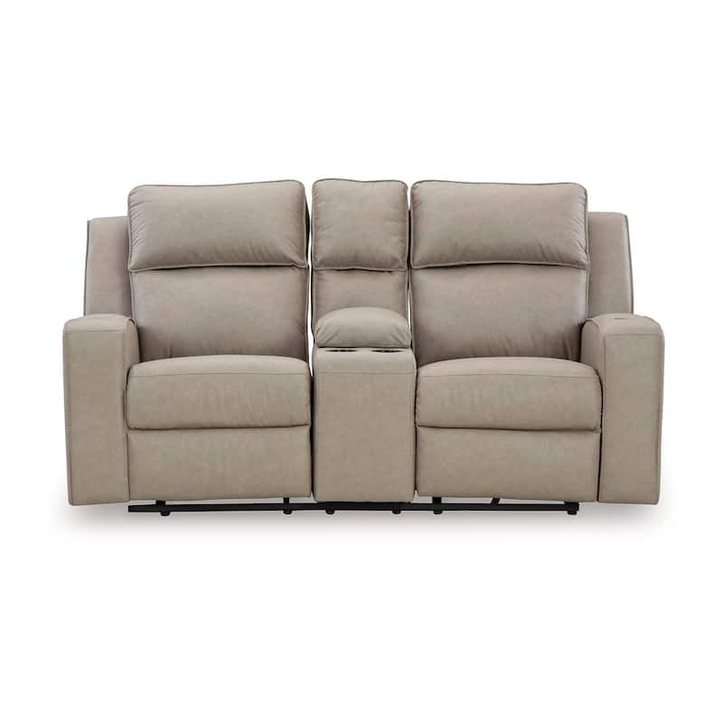 Livie Manual Recliner Loveseat, Console, Beige Gray Faux Leather 77in