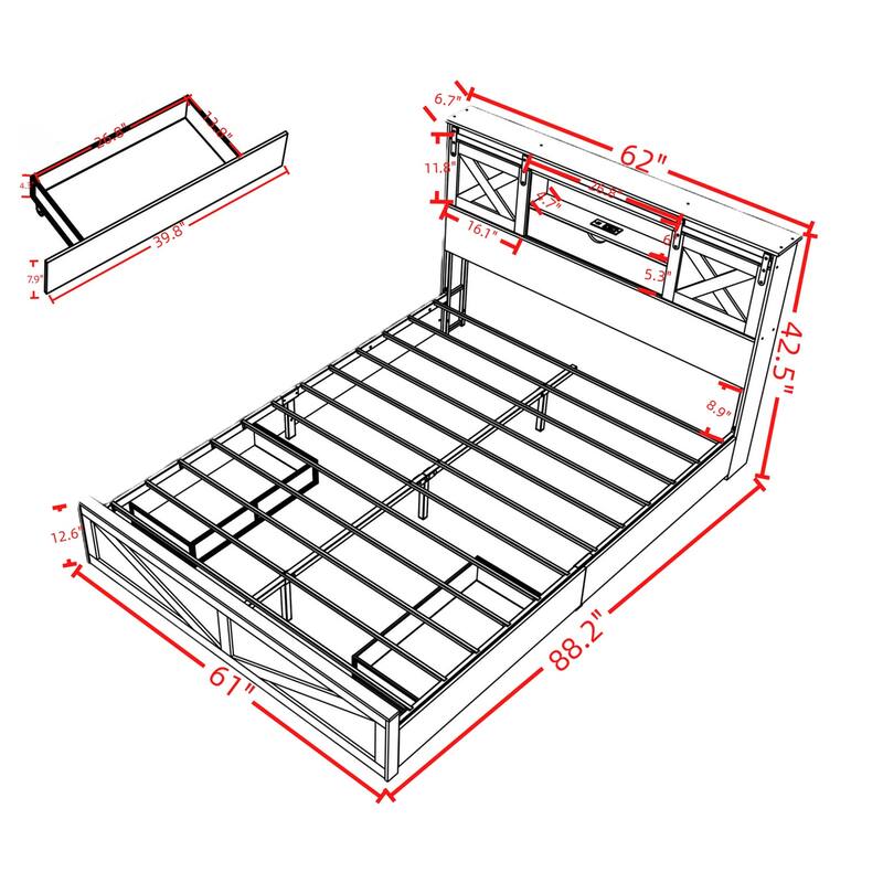 GDFStudio - Junie Rustic Wooden Bed Frame with LED Lights, Built-in Charging Station, 2 Underbed Drawers & No Box Spring Needed