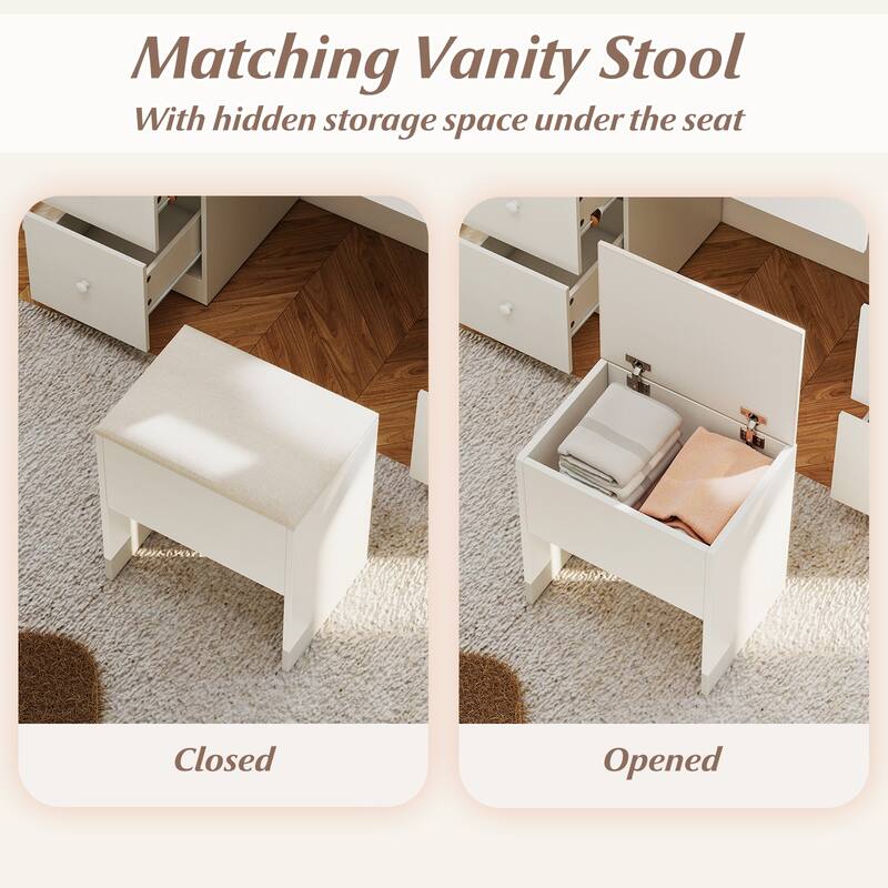 Vanity Desk and Stool Set with Lighted Mirror Built in Charging Station and Large Storage Drawers White - 46" x 16" x 56"