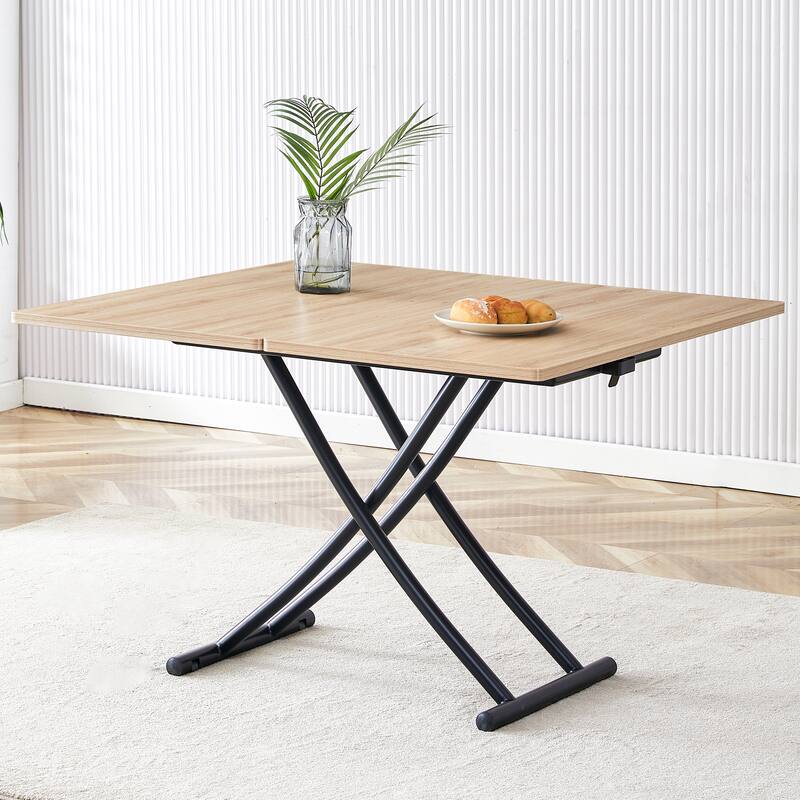 Modern minimalist multifunctional lift table with 0.8-inch MFC tabletop and black metal legs, can be used as dressing table