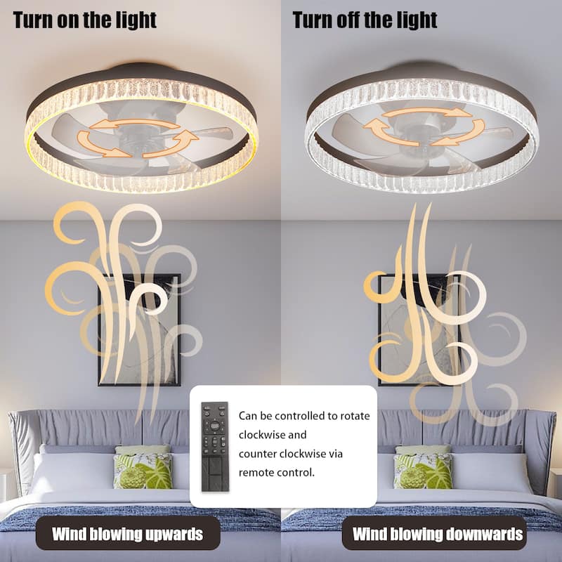 20" Brown Ceiling Fan with LED Light-Flush Mount Fan Light for Bedroom, Living Room,Home Décor with Crystal Ring Design
