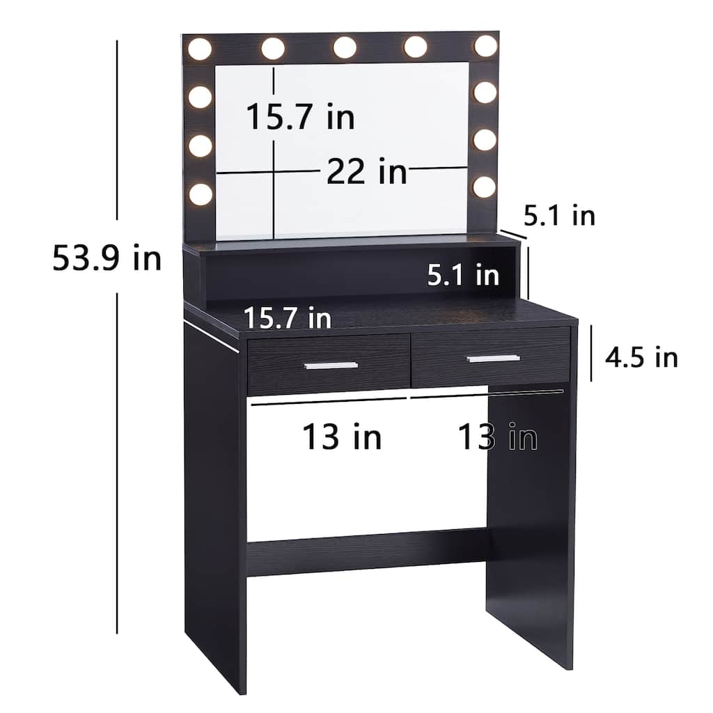 Vanity Desk with Mirror & Lights, Dressing Table with 2 Drawers & Open Storage, 3 Color Mode Brightness Adjustable for Bedroom