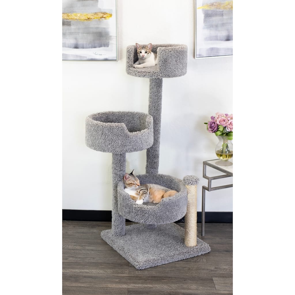 4-Level Solid Wood and Carpet Cat Tree with Deep Round Beds, Staggered Platforms and Multiple Sisal Rope Posts