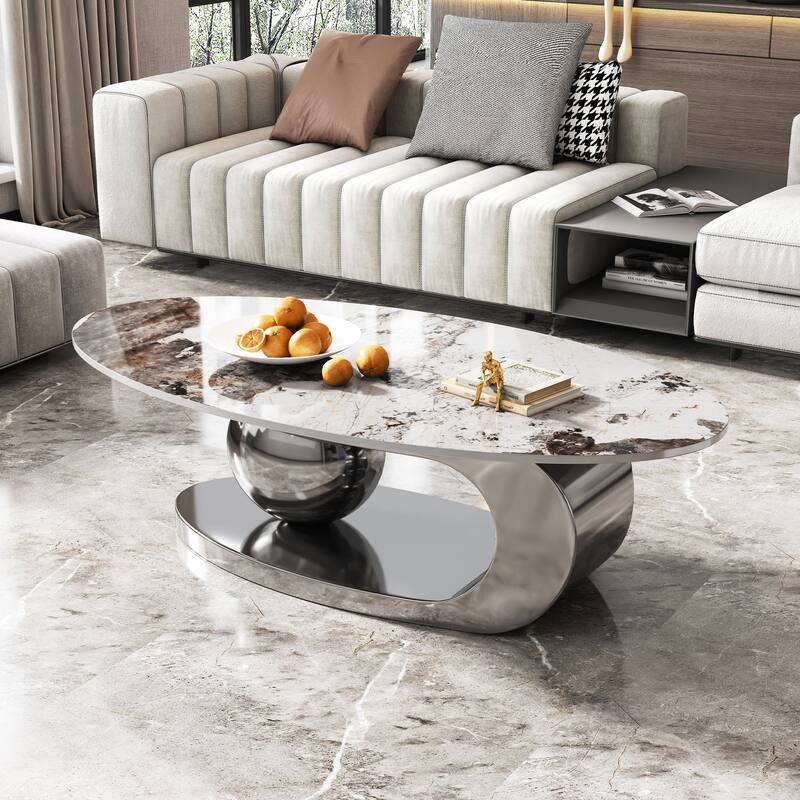 51 Inches Oval Faux Marble Coffee Table For Living Room With Stainless Steel Base - Gray,White+Multi