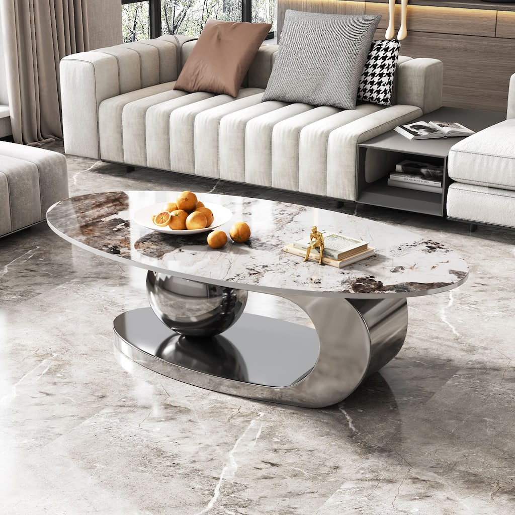 GDFStudio - Contemporary 49.2" Oval Sintered Stone Coffee Table with C-Shaped Stainless Steel Base & Natural Veining Pattern Top