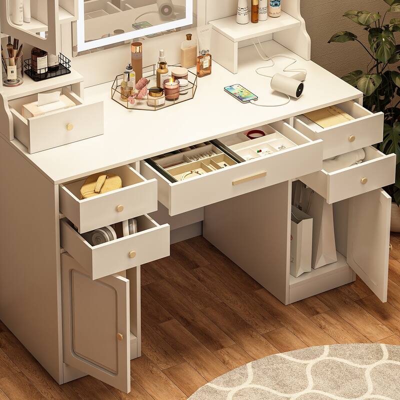 Vanity Desk with Lighted Mirror, Extra Large Capacity Dressing Table Set, Vanity Makeup Table with 6 Drawers & 4 Cabinets
