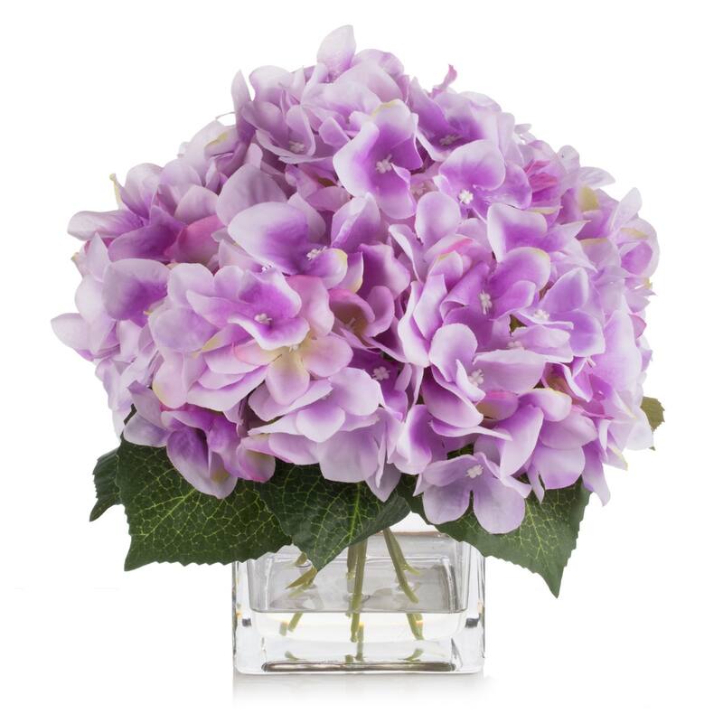 Silk Pink Hydrangea Artificial Flowers in Vase with Faux Water, Silk Flower Arrangements in Vase for Home Decor, Wedding Table - Light Purple