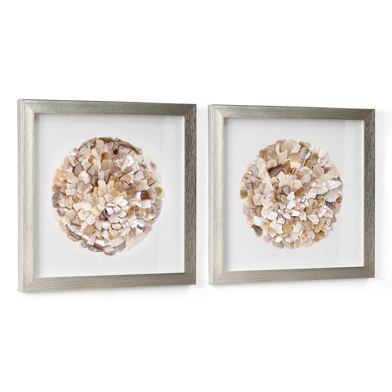 American Art Decor Neutral Seashell Mosaic 3D Textured Wall Art with Champagne Frame, 2 Piece Set for Coastal Beach Theme Decor