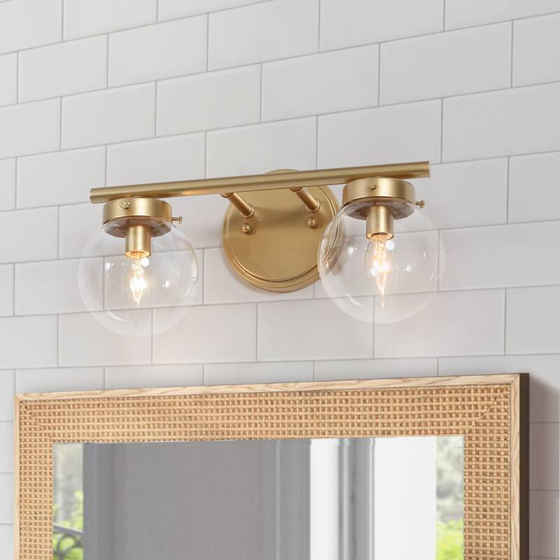 Rella Modern Black Gold Bathroom Vanity Light Orb Glass Dimmable Wall Sconces for Powder Room - 2-light L 14"x W 6.5"x H 8" - Light Gold
