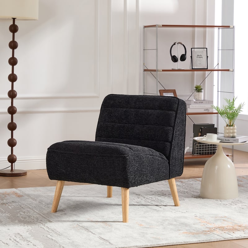 24.4" Wide Modern Upholstered Armless Chair with Rubber Wood Legs, Chenille Accent Chair for Living Room,Bedroom,Office - Black