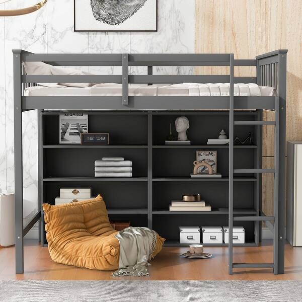 slide 2 of 40, Solid Wood Loft Bed Frame with Open Storage Shelves Gray - Twin