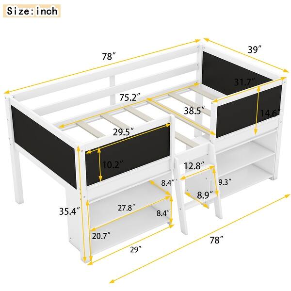 Twin Size Low Loft Bed with Two Movable Shelves, Decorative Chalkboard Guardrail, and Integrated Ladder, White