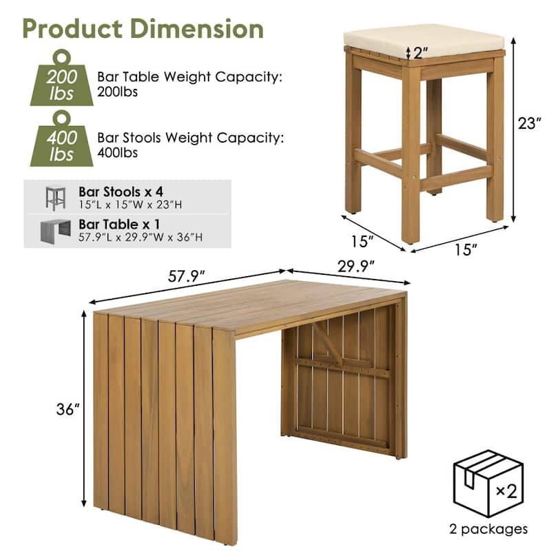 Modern Patio 5-piece Acacia Wood Bar Set with Cushions for Backyard