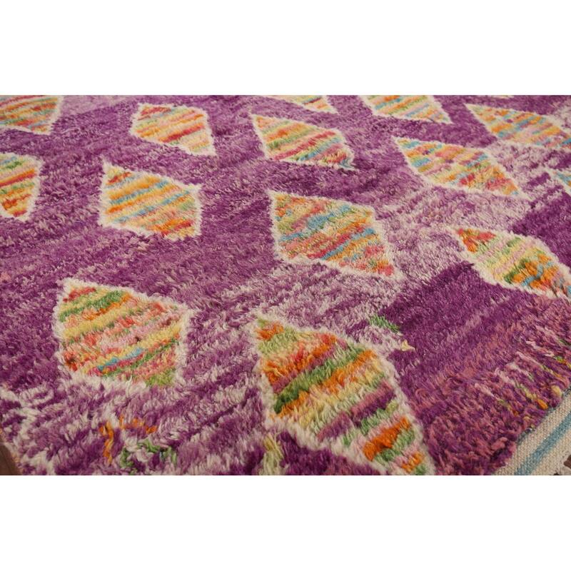 Geometric Purple Moroccan Abstract Area Rug Hand-Knotted Wool Carpet - 5'8"x 10'3"
