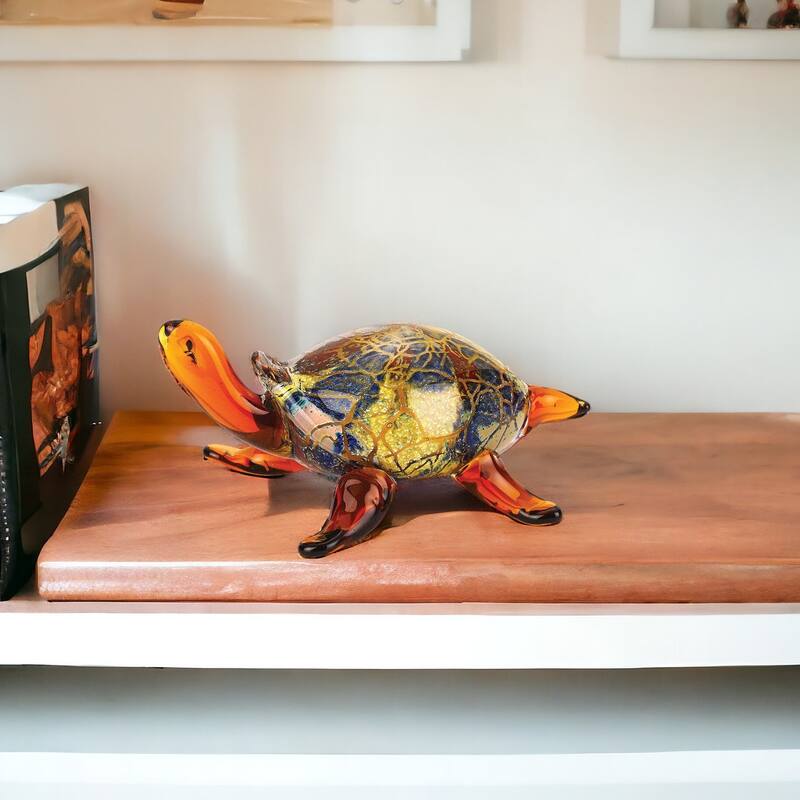 HomeRoots 4" Clear Brown and Green Murano Glass Turtle Figurine Tabletop Sculpture - 5' X '4' X '8 - 5' X '4' X '8