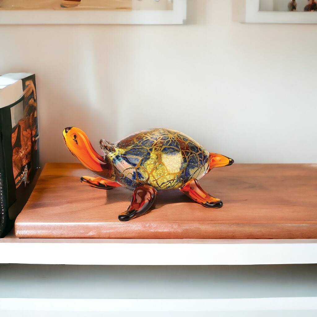 HomeRoots 4" Clear Brown and Green Murano Glass Turtle Figurine Tabletop Sculpture - 5' X '4' X '8