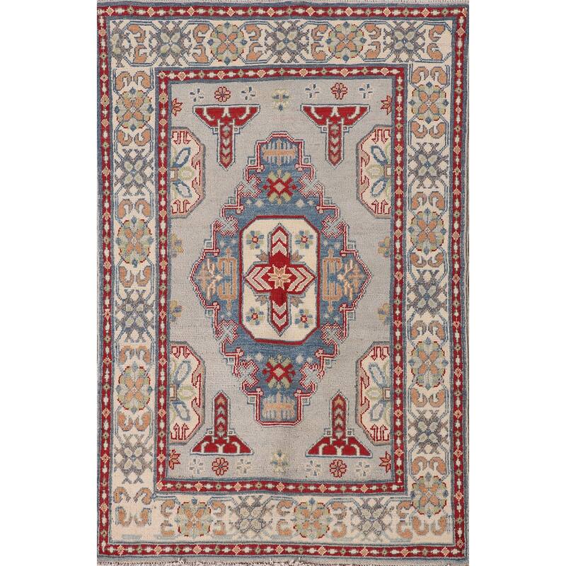 Grey Kazak Oriental Accent Rug Handmade Wool Carpet - 3'1"x 4'10"