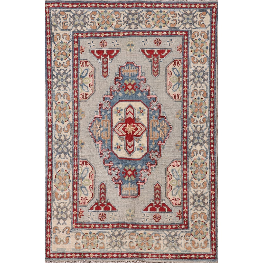 Grey Kazak Oriental Accent Rug Handmade Wool Carpet - 3'1"x 4'10"