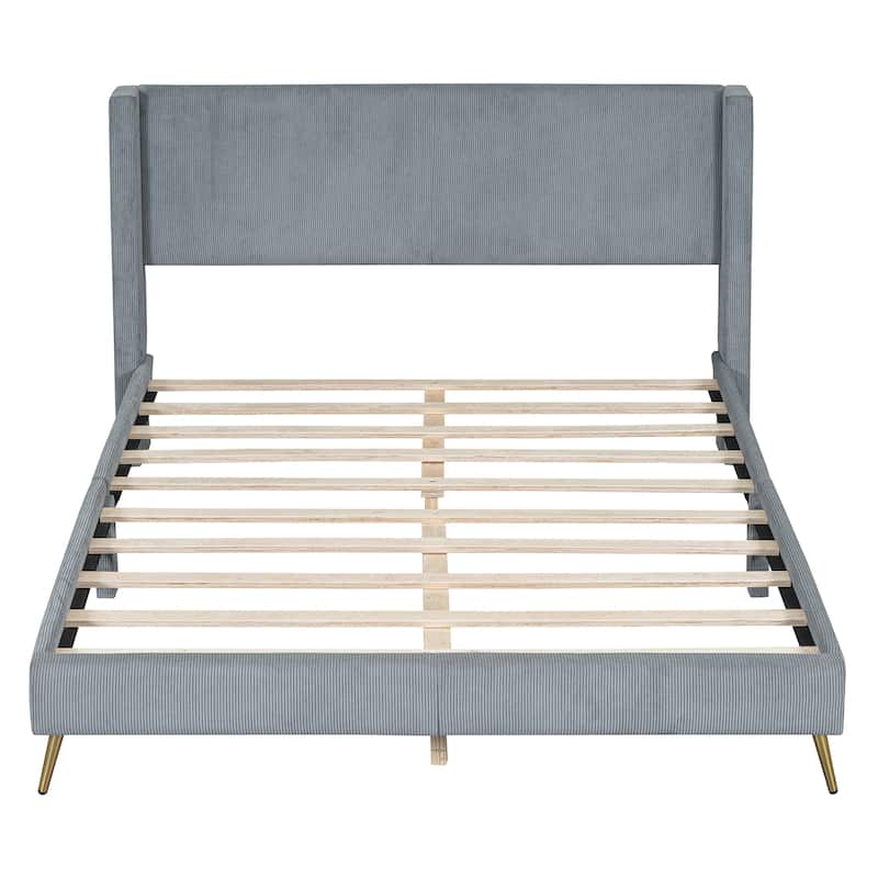 Queen Size Corduroy Platform Bed with Metal Legs and Wood Frame