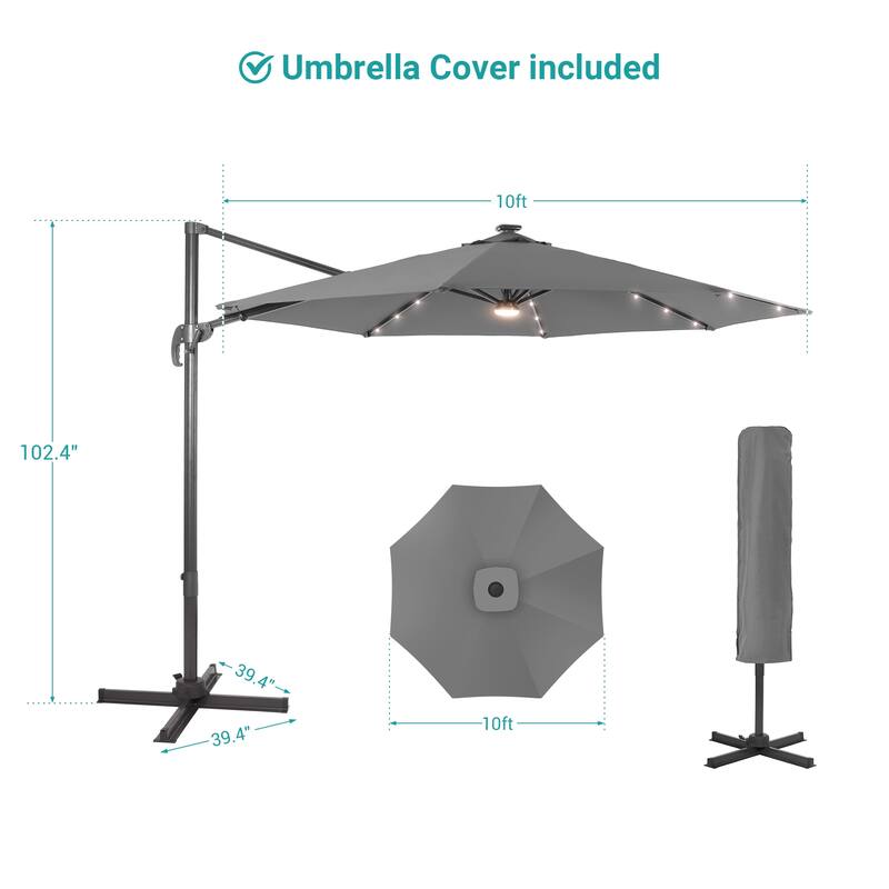 BONOSUKI LED 10FT Patio Cantilever 360 Roration Offset Umbrella