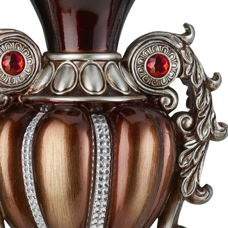 Set of 2 Bronze Urn-Shaped Pillar Candle Holders with Red Gemstone Accents and Ivory Pillar Candles - 7.5" x 5" x 16.18"