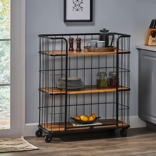 slide 2 of 9, Colwill Indoor Mango Wood Handcrafted Kitchen Cart with Wheels by Christopher Knight Home Kitchen Cart - Wood - Black + Natural