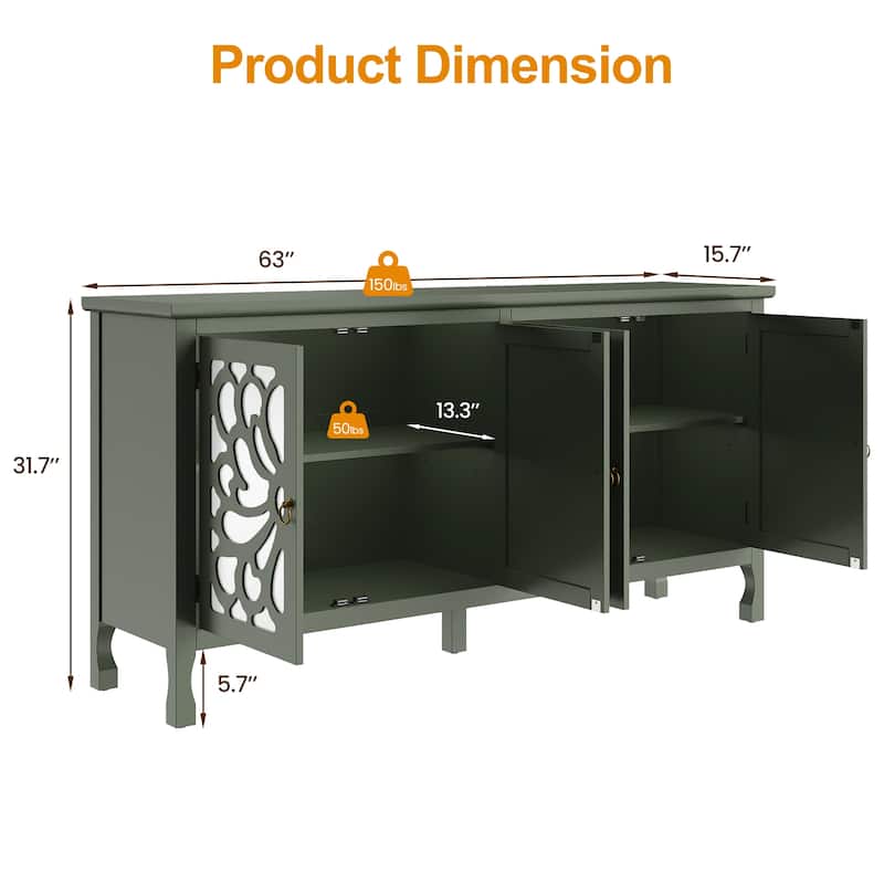 63'' Modern Buffet Cabinet with Mirrored Door and Adjustable Shelves