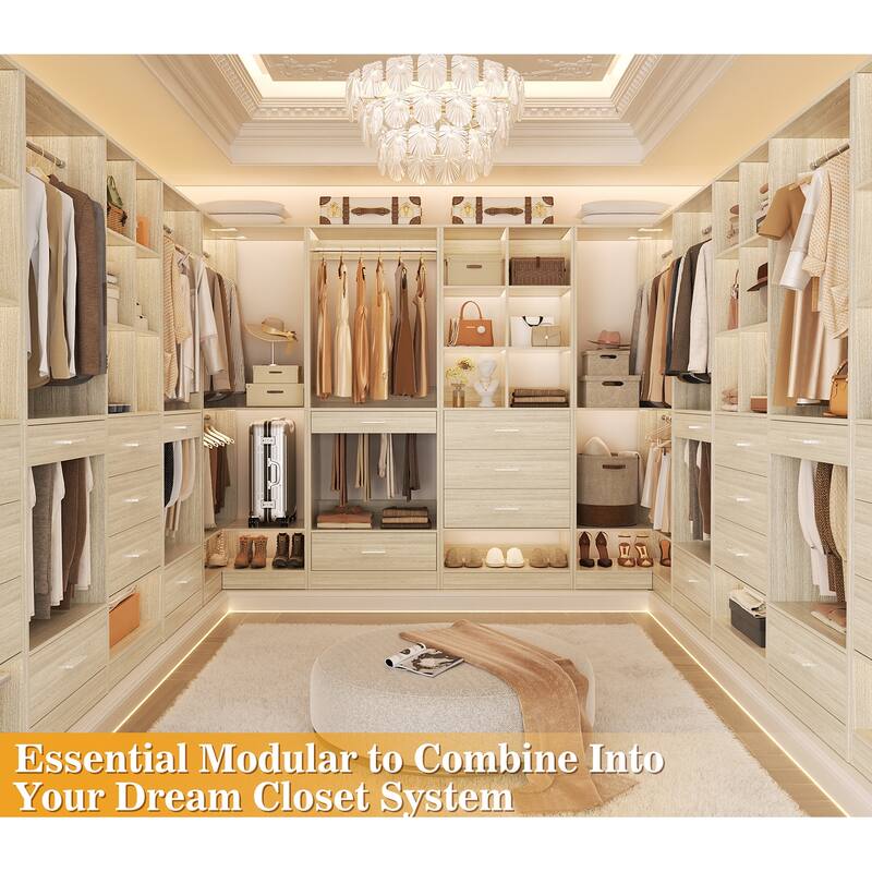 Qvella Corner Closet System with 4 Wooden Drawers & Hanging Rods & Pants Rack, Walk-in Closet Organizer System with Shoe Storage