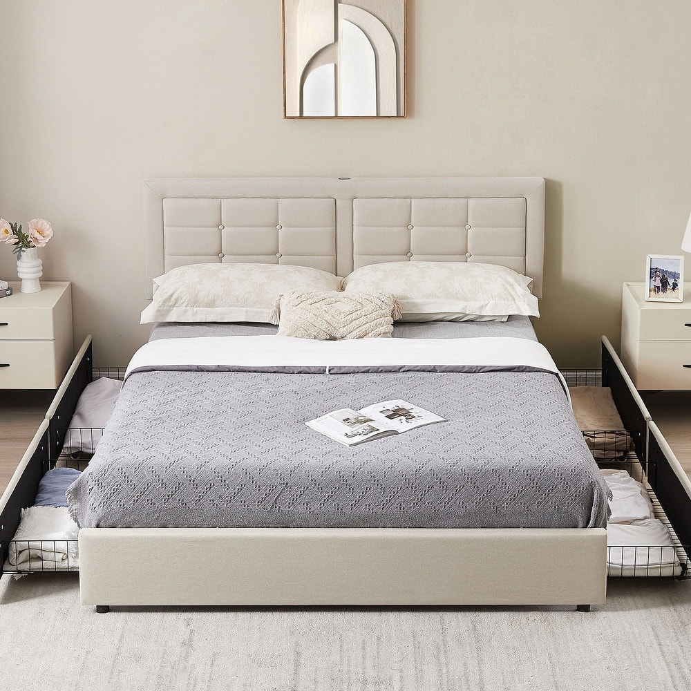 VECELO Storage Bed Frame with USB and Type C Ports, 4 Large Space Drawers,Adjustable Headboard, Upholstered Platform Bed Frame